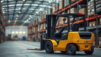 Fototapeta premium Industrial warehouse scene with forklift loader, logistics theme and blurred background.