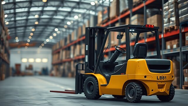 Industrial warehouse scene with forklift loader, logistics theme and blurred background.