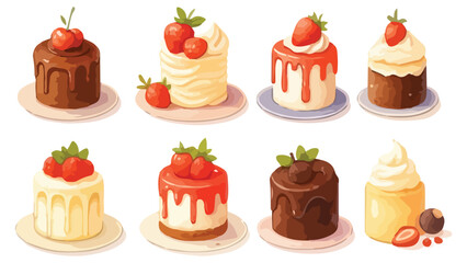 Vector Mini Cakes with Fruit and Chocolate Topping Set