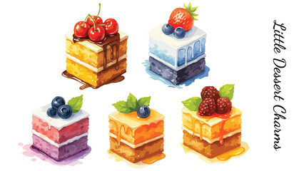 Vector Square Cakes with Fruit and Cream Topping Set