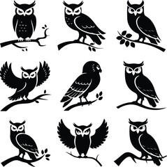 Owl Perched on Branch Silhouette Icon Vector Set Forest Owl Sitting on Tree Branch Black Silhouette Design