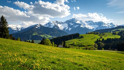 Naklejka premium Alpine meadow under snow-capped peaks