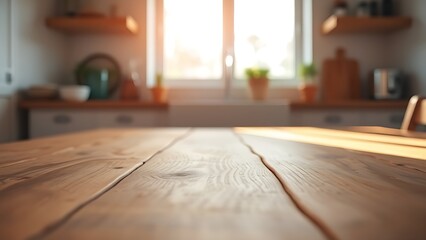 A wooden kitchen table bathed in warm morning sunlight, creating a serene and inviting atmosphere.