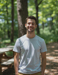 Summer camp coordinator smiling in a lush outdoor setting