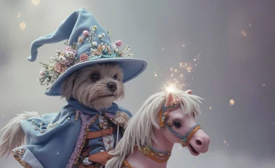 Fototapete Pony A whimsical scene featuring a dog dressed as a wizard riding a horse adorned with sparkling magic, set against a dreamy, ethereal backdrop.  © joeycheung