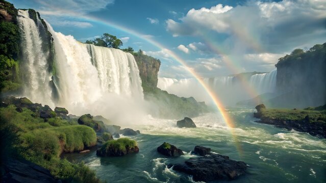 Majestic Waterfall with Double Rainbow and Turbulent River Amidst Lush Greenery Keywords: waterfall, cascade, water, river, stream, rapids, mist, spray, rainbow, double rainbow