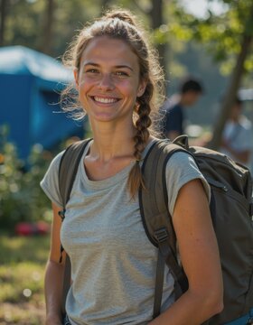 Summer camp coordinator smiling near an outdoor activity facility