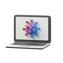 A stylized laptop displays a colorful, three-dimensional representation of a virus, symbolizing digital threats and online health concerns.