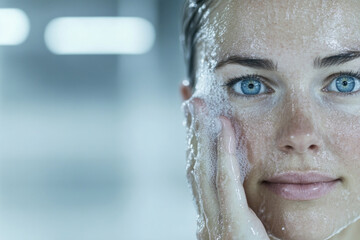 Close up of a young woman with blue eyes and clear skin, water gliding across her face, creating droplets and a soft reflective glow.