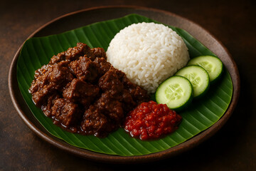 Authentic Indonesian Beef Rendang with Rice and Sambal on Banana Leaf