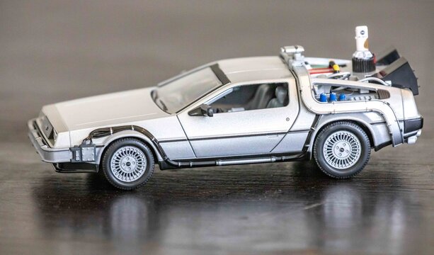 Brazil, September 4, 2025. Miniature replica of the DeLorean car from the movie Back to the Future 2, from 1989. Time machine.