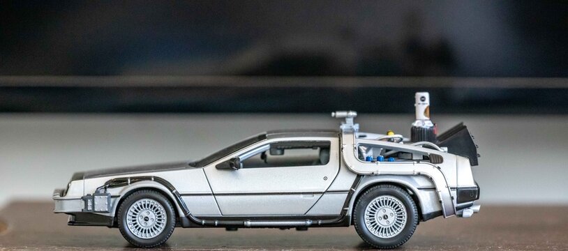 Brazil, September 4, 2025. Miniature replica of the DeLorean car from the movie Back to the Future 2, from 1989. Time machine.