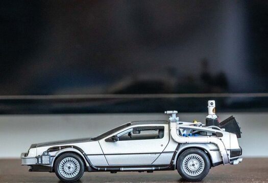 Brazil, September 4, 2025. Miniature replica of the DeLorean car from the movie Back to the Future 2, from 1989. Time machine.