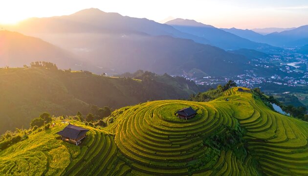 Serene terraced rice paddies cascade down a hillside, bathed in golden sunlight, showcasing traditional architecture nestled within the landscape. - Powered by Adobe