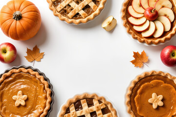 Thanksgiving pumpkin and apple various pies on white, top view, copy space. Autumn traditional homemade apple and pumpkin pie for fall holiday.