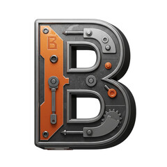 An industrial-themed letter B design featuring a metallic, mechanical aesthetic with gears, bolts, and an orange accent panel.