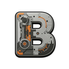 A detailed futuristic mechanical letter B, showcasing intricate gears, panels, and a striking metallic design with orange accents, perfect for technological concepts.