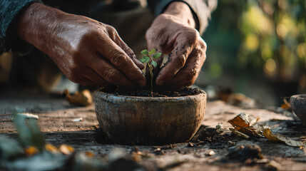 Close-up of hands carefully planting a small seedling into a rustic wooden pot outdoors, showcasing the delicate process of nurturing new life in a garden setting