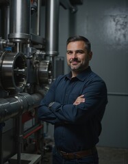 Industrial facility coordinator confidently standing beside manufacturing equipment