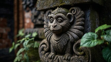 Obraz premium Ancient stone monkey deity outside Balinese temple, weathered details, serene and sacred in jungle calm.