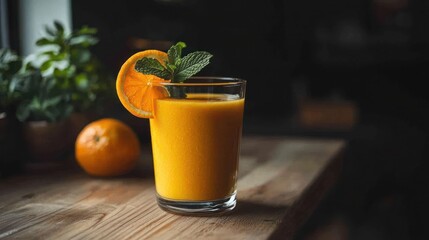 Orange smoothie in glass with slice and mint on wood. Plant background