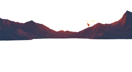 A breathtaking vista showcases a mountainous landscape bathed in the warm hues of a sunset, with a stylized object seemingly floating.
