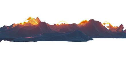 A stylized landscape depicts mountain ranges with glowing geometric shapes illuminating the peaks, creating a surreal and artistic scene.