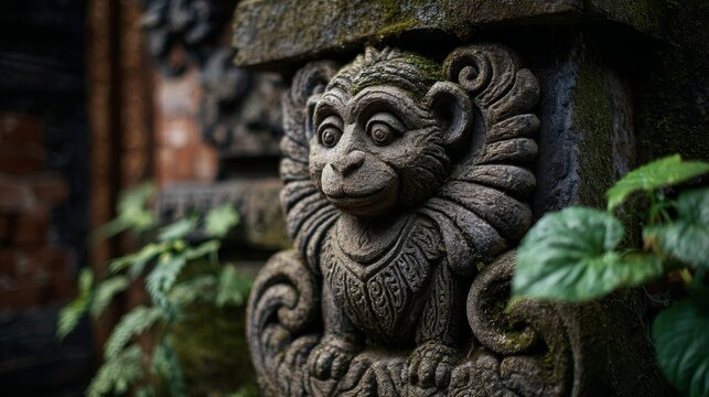 Ancient stone monkey deity outside Balinese temple, weathered details, serene and sacred in jungle calm.
