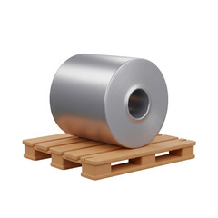 A large metal coil rests securely on a wooden pallet, representing industrial storage and transportation of rolled materials.