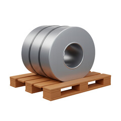 A rendered illustration depicts a large metal coil resting securely on a wooden pallet, showcasing industrial storage and transport.