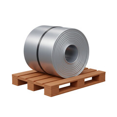 A large metal coil, secured with straps, rests on a wooden pallet, ready for transport or storage in an industrial setting.