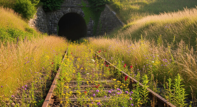 Enchanting Abandoned Railway Tunnel with Wildflower Meadow in Golden Light, Lush Greenery and Overgrown Tracks