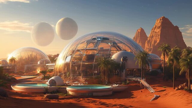 Futuristic colony with transparent domes and lush vegetation in a red desert with twin moons in the sky, symbolizing space settlement, interplanetary travel, Mars habitation and advanced architecture