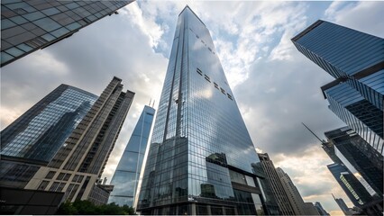 Modern Skyscrapers in a Cityscape Viewed from Below Under a Cloudy Sky architecture