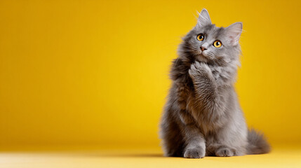 Fluffy Gray Cat Thinking with Yellow Background
