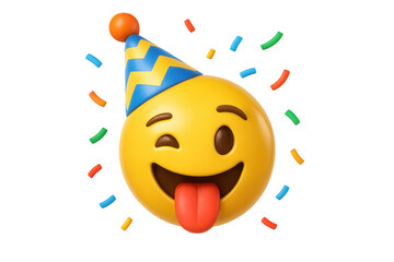 3d party emoji winking and sticking out tongue with confetti on transparent background