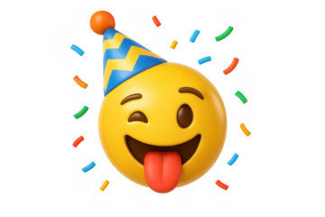 3d party emoji winking and sticking out tongue with confetti on transparent background