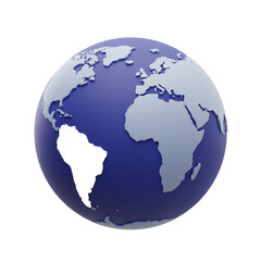 A three-dimensional rendering showcases a detailed, stylized depiction of Earth, highlighting continents and oceans in a simple, artistic style.