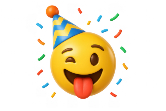 3d party emoji winking and sticking out tongue with confetti on transparent background