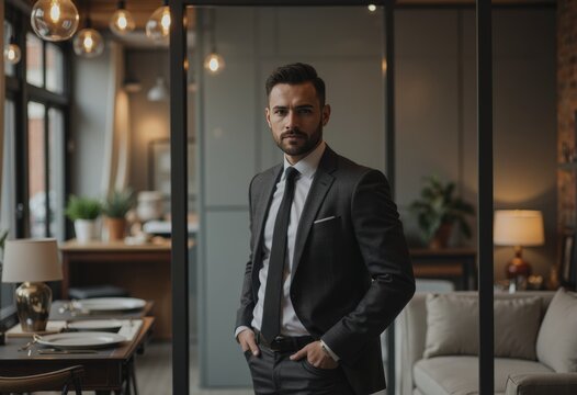 Furniture showroom manager confidently standing near the display area