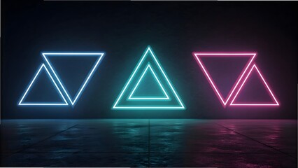 Fototapeta premium Three glowing neon triangles in blue teal and pink against a dark textured background
