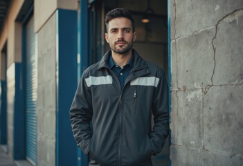 Obraz premium Shopping center supervisor standing confidently near loading dock entrance