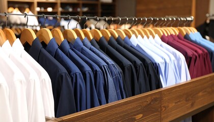 Rows of men's dress shirts on hangers in a clothing store