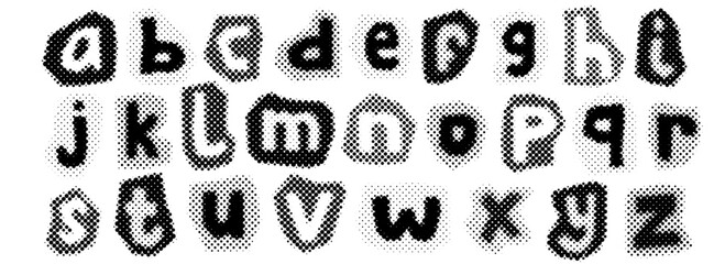 Black halftone alphabet. Retro pixelated lowercase font design. Grunge textured dotted abc. Comic pop art style letters. Rasterized bitmap English alphabet. Old newspapers typography set. Vector