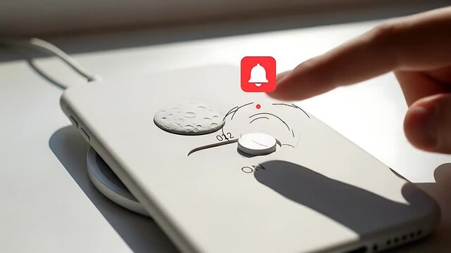 Phone on a wireless pad slides the moon toggle to ON as the bell icon shrinks to a dot and a crisp check lands with soft clay UI chips
