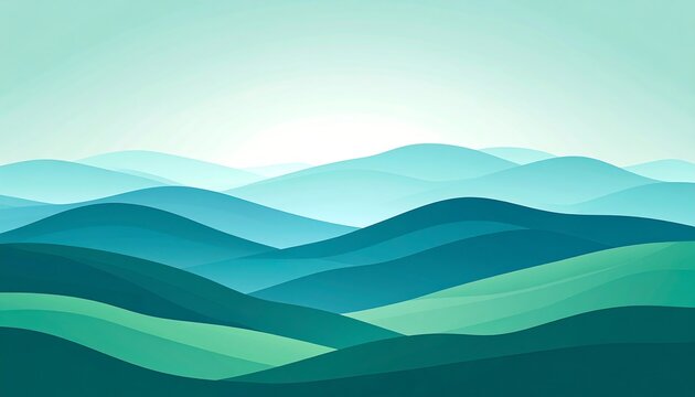 Misty mountain range, soft teal and green hues