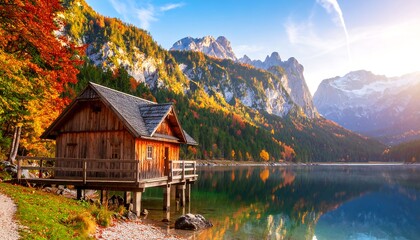 Fototapeta premium A serene wooden cabin sits on stilts over a calm lake, nestled amongst autumn foliage and majestic mountains, bathed in golden sunlight.