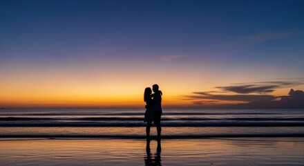 Fototapeta premium couple embraces at sunset on tranquil beach, silhouetted against orange and blue sky. romantic and serene landscape, love and connection. travel brochure, romance, greeting card with copyspace