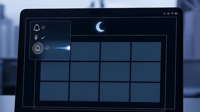 Laptop with icon-only task tiles desaturates a bell as a status-bar moon glows; a micro check appears and the morning office feels peacefully still