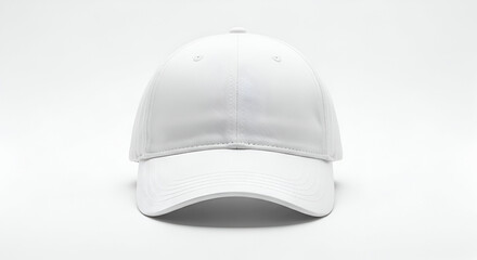 Fototapeta premium Front view of a plain white baseball cap on an isolated studio background. This blank headwear is a perfect template for creating mockups for custom branding, logos, or embroidery